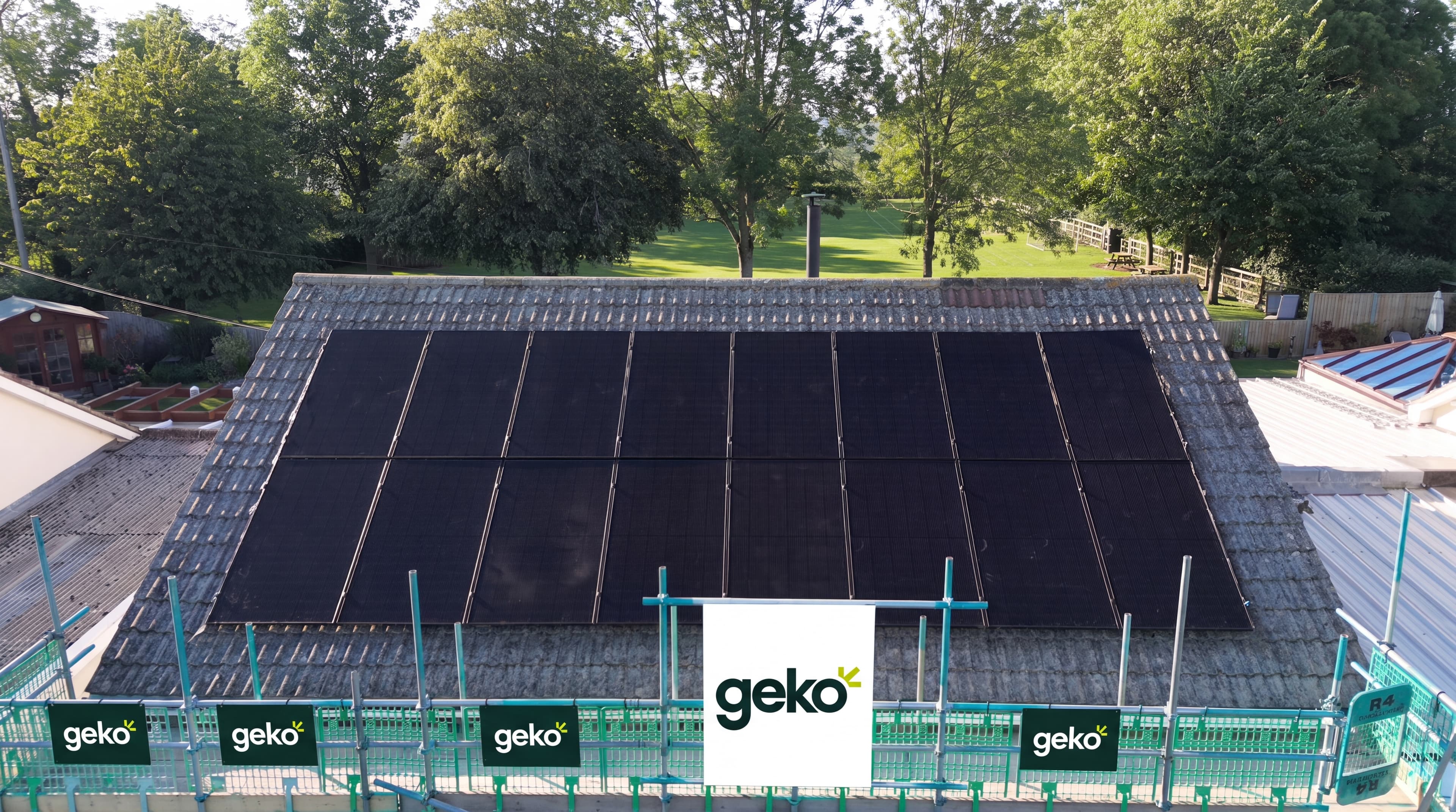 Drone view of a finished Geko solar install on a UK home, Somerset