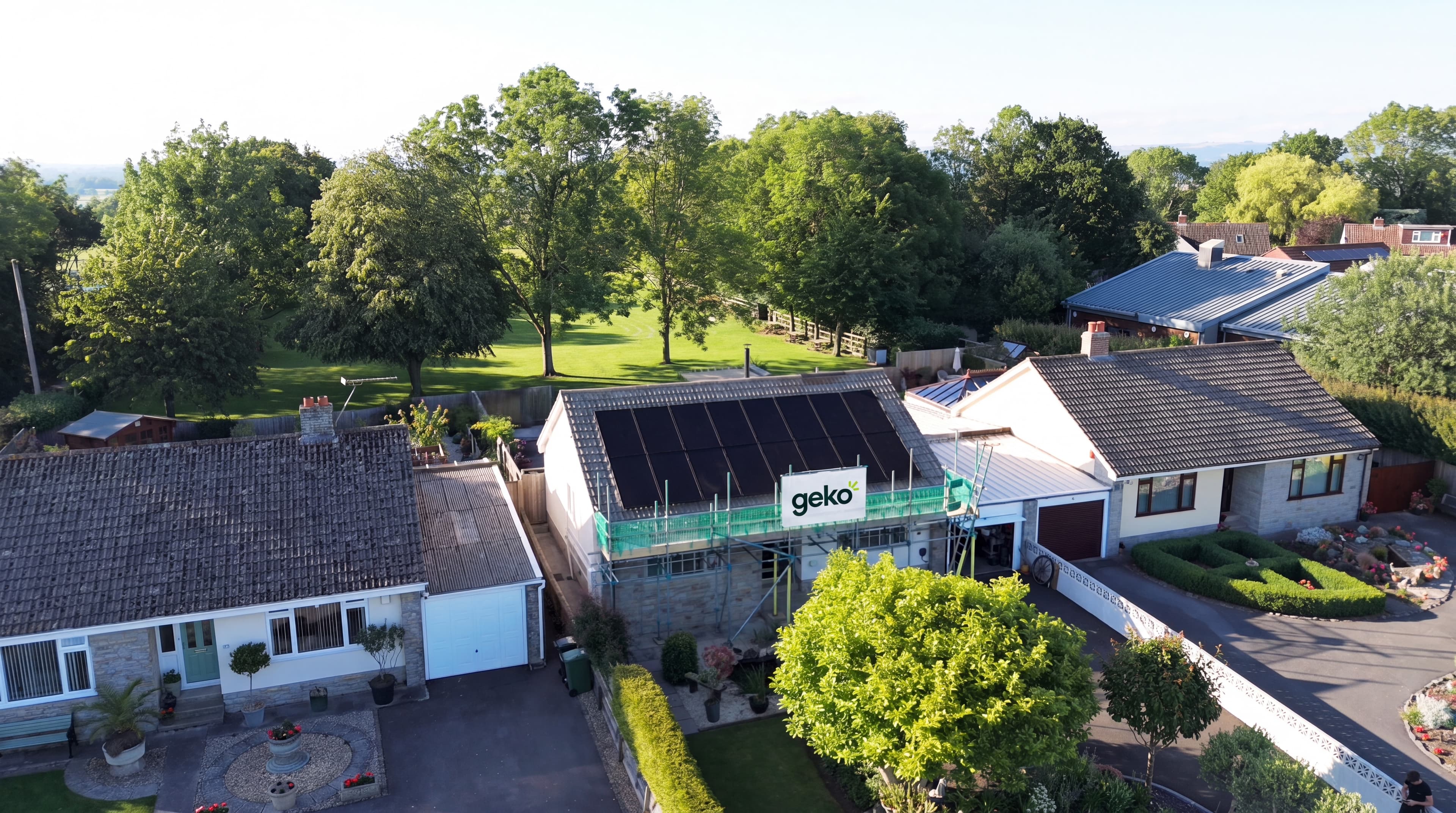 Drone view of a finished Geko Energy solar install on a UK home, Somerset