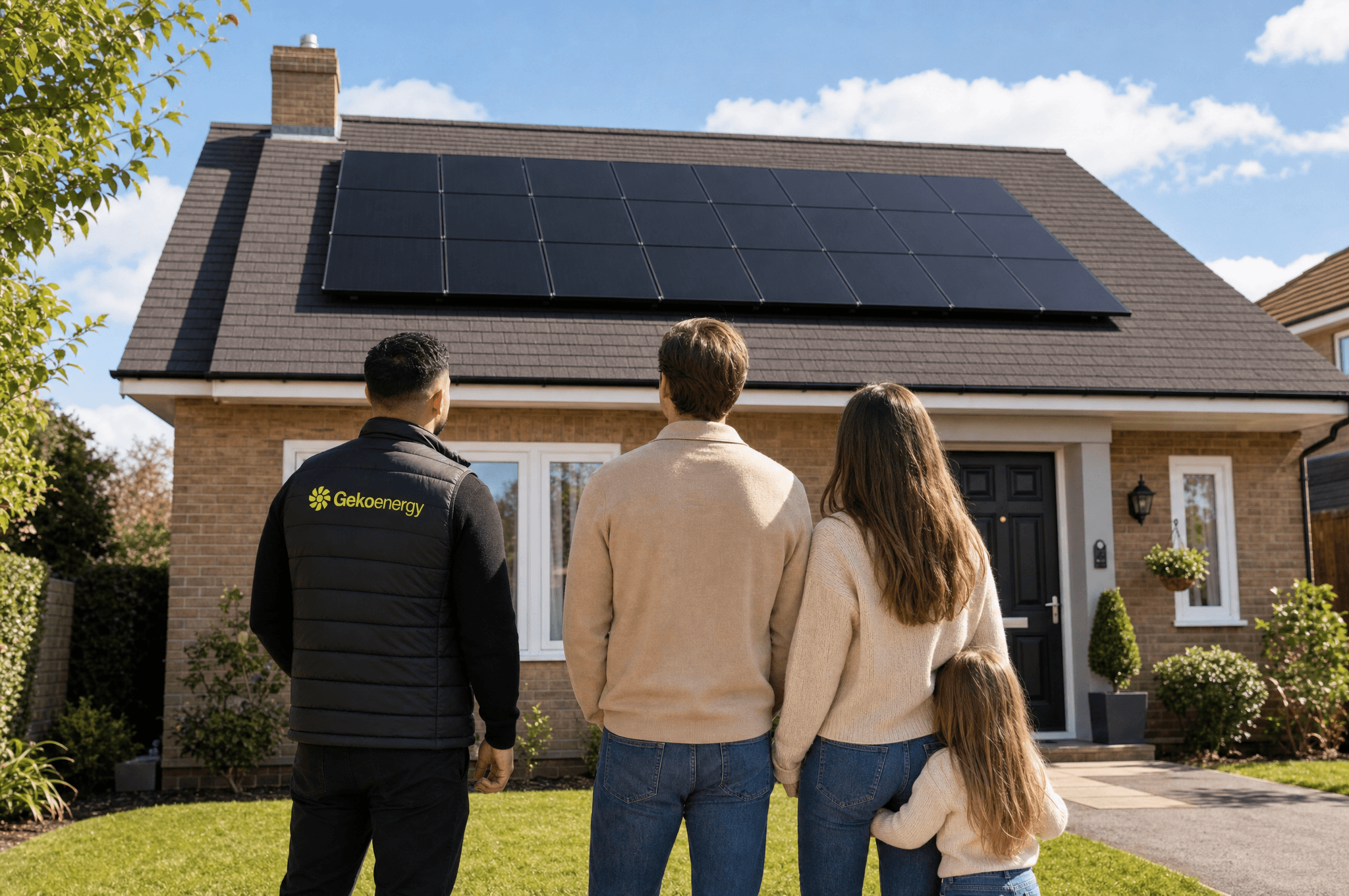 A Geko Energy engineer with a UK family in front of their newly installed solar panels