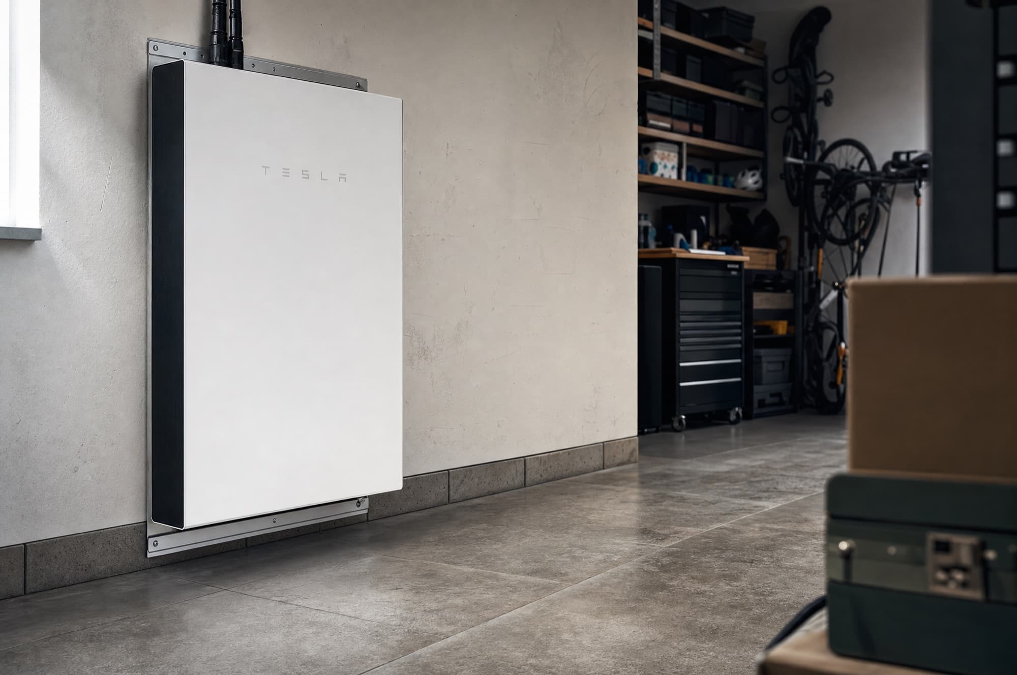 A wall-mounted home battery storage unit in a UK utility room