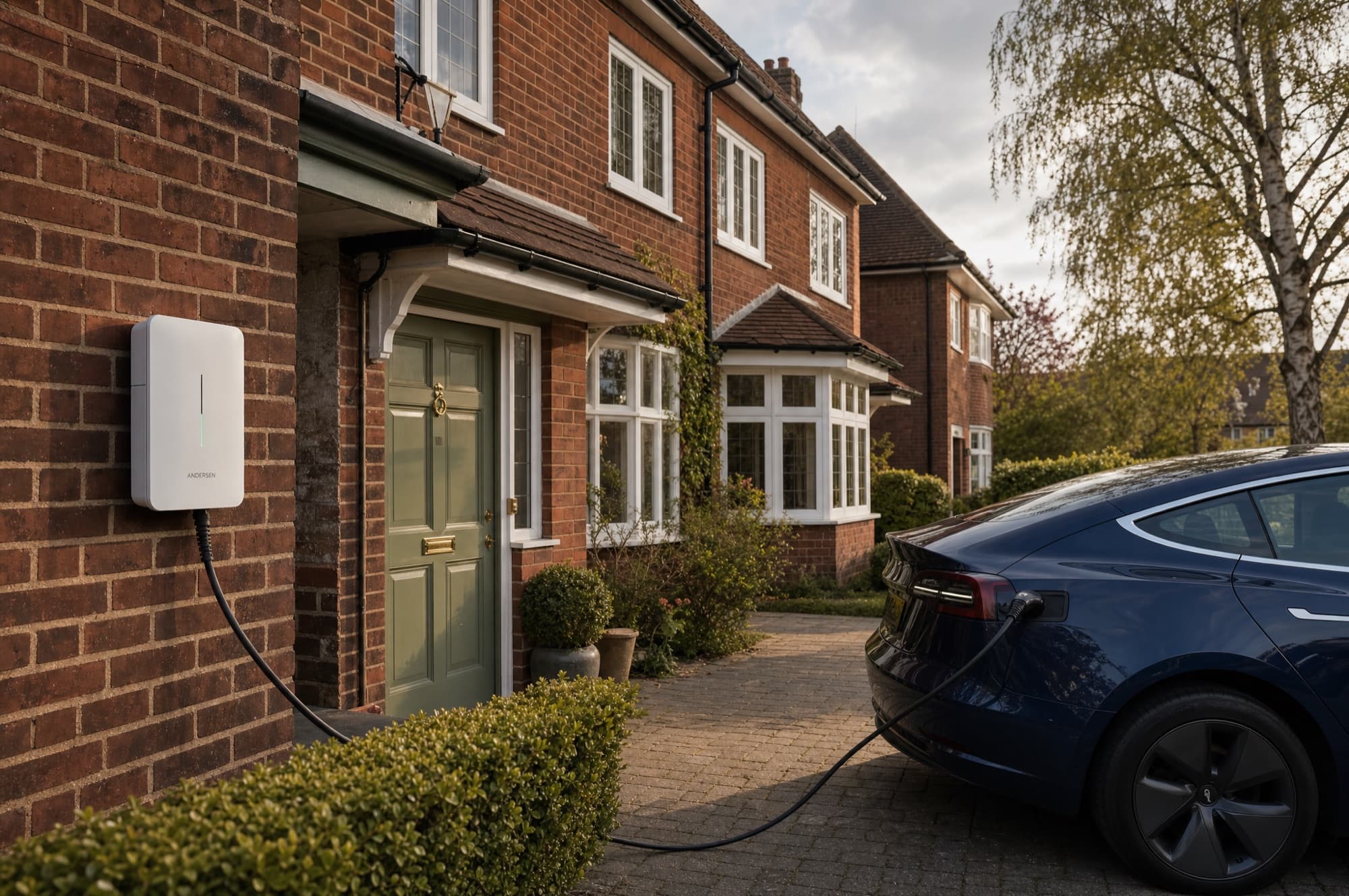 A wall-mounted home EV charger on a UK driveway